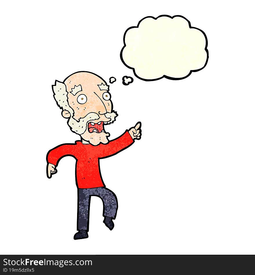 cartoon frightened old man with thought bubble