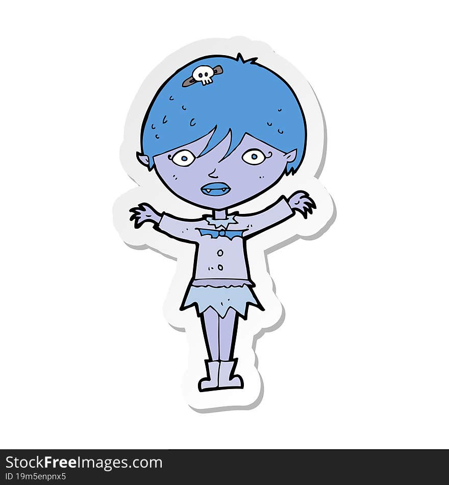 sticker of a cartoon waving vampire girl