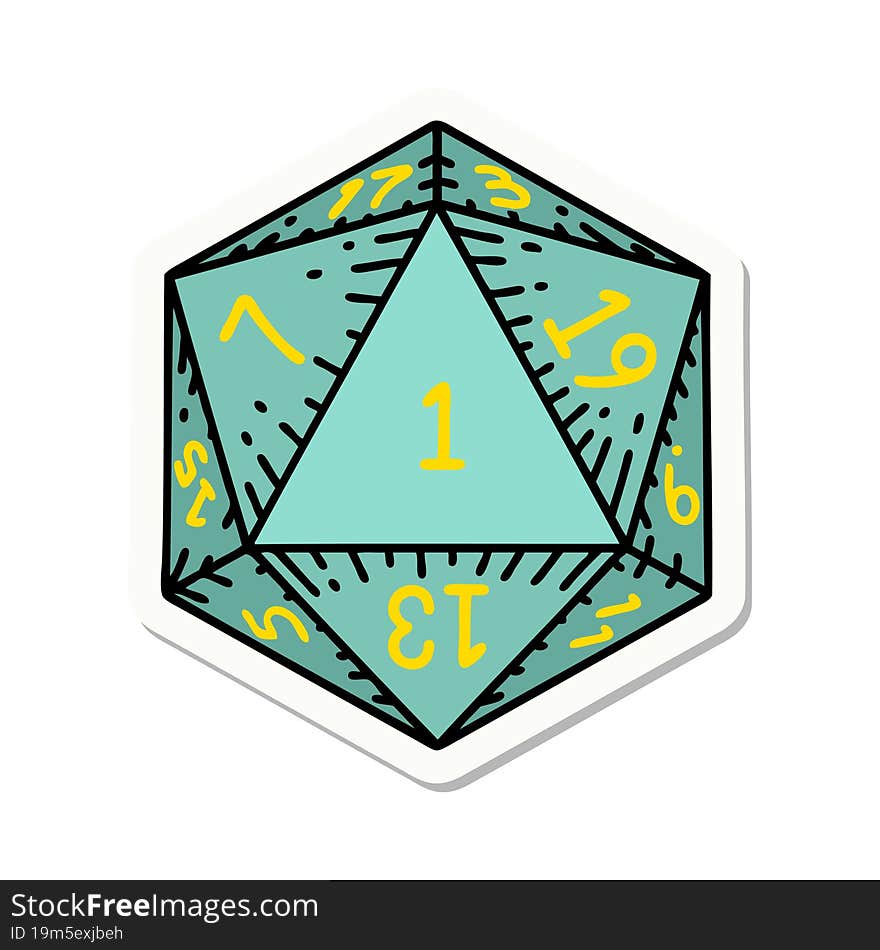 sticker of a natural 1 D20 dice roll. sticker of a natural 1 D20 dice roll