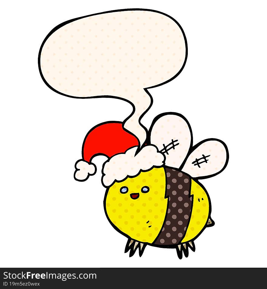 cute cartoon bee wearing christmas hat with speech bubble in comic book style