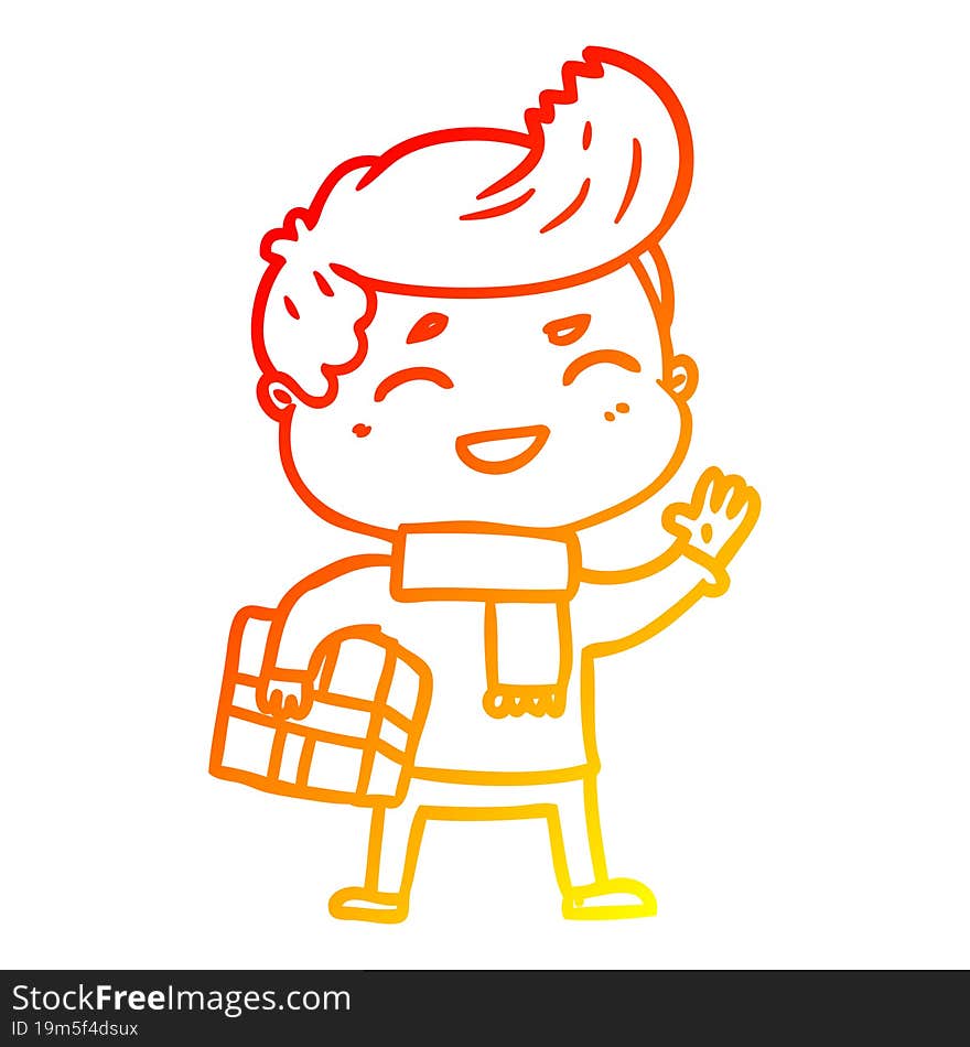 warm gradient line drawing cartoon man laughing carrying parcel