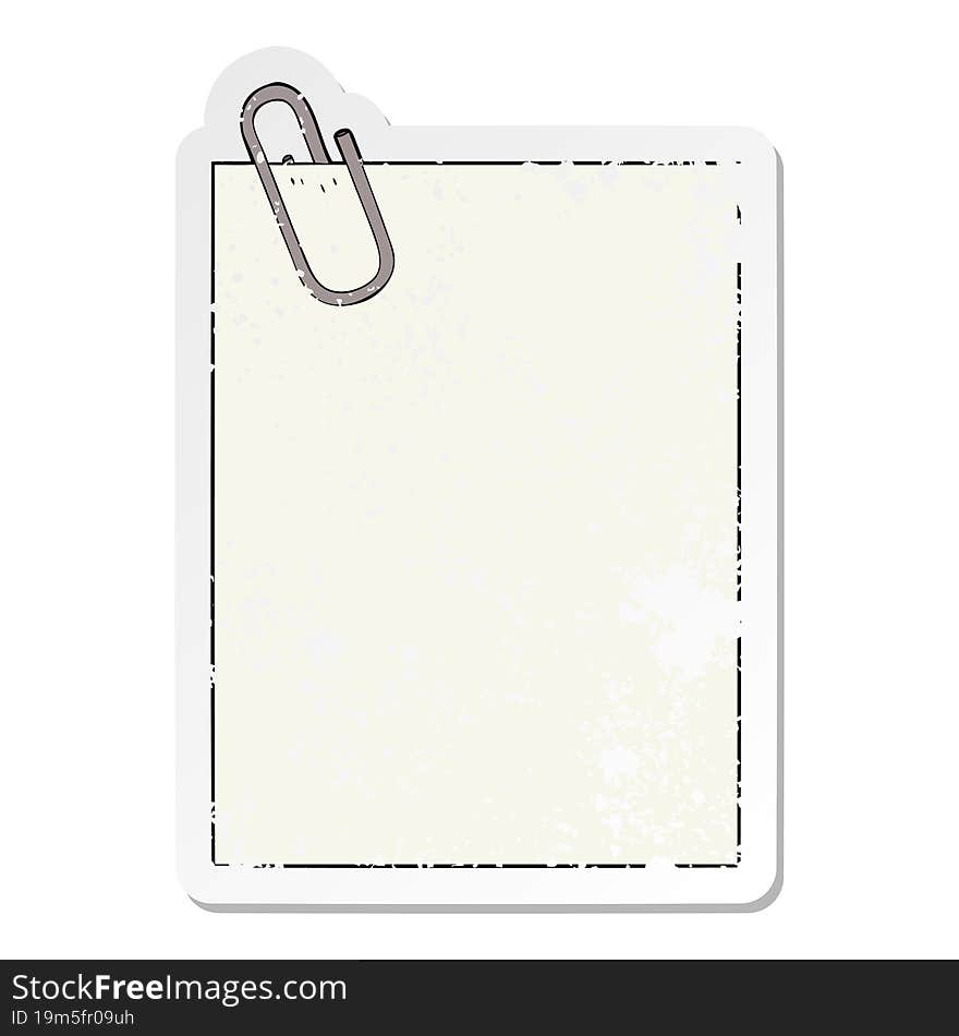 distressed sticker of a cartoon paper with paperclip