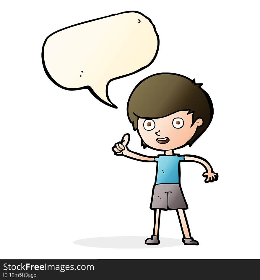 cartoon boy giving thumbs up symbol with speech bubble