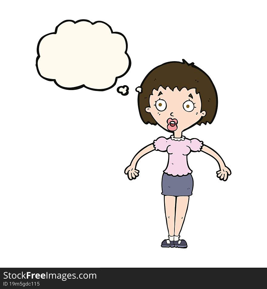 cartoon confused woman shrugging shoulders with thought bubble