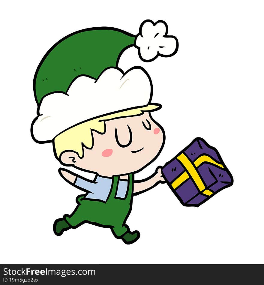 cartoon happy christmas elf with present. cartoon happy christmas elf with present