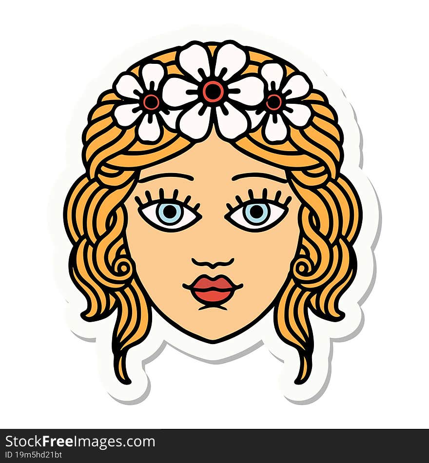 tattoo style sticker of female face with crown of flowers