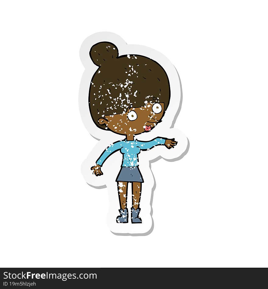 retro distressed sticker of a cartoon surprised woman