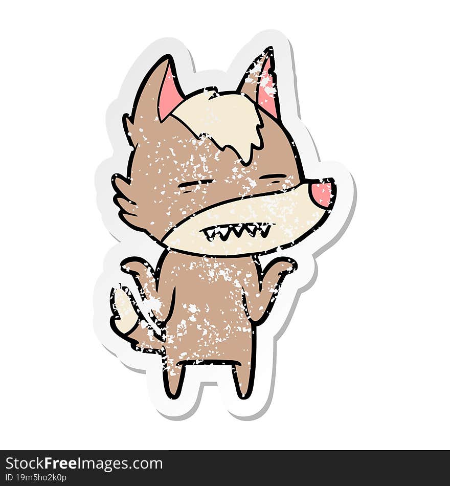 Distressed Sticker Of A Cartoon Wolf Showing Teeth