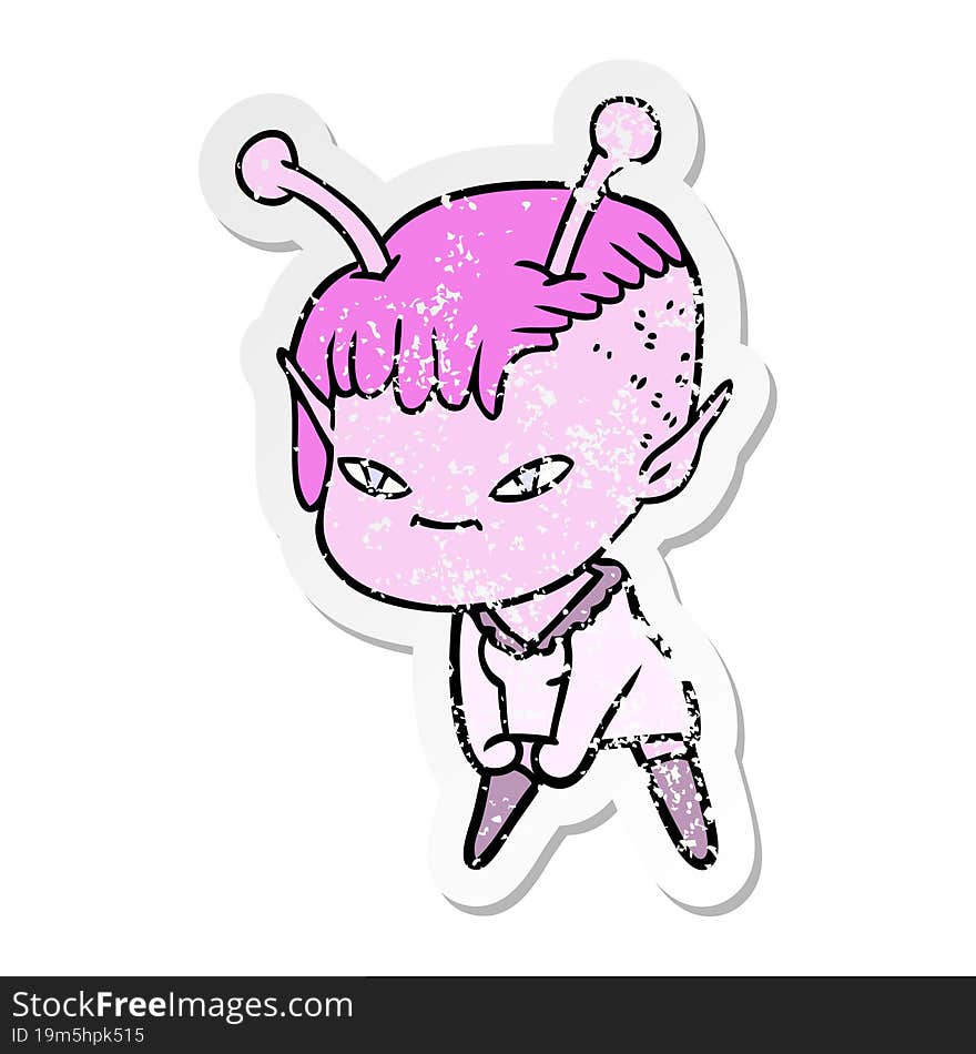 distressed sticker of a cute cartoon alien girl