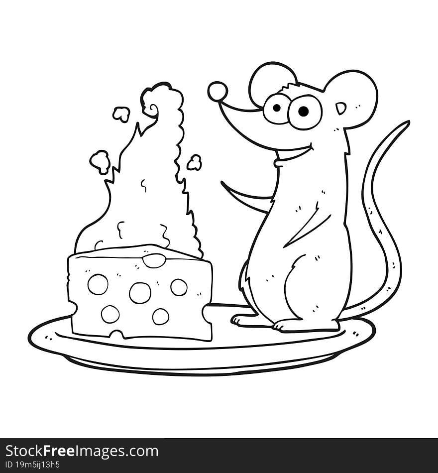 freehand drawn black and white cartoon mouse with cheese