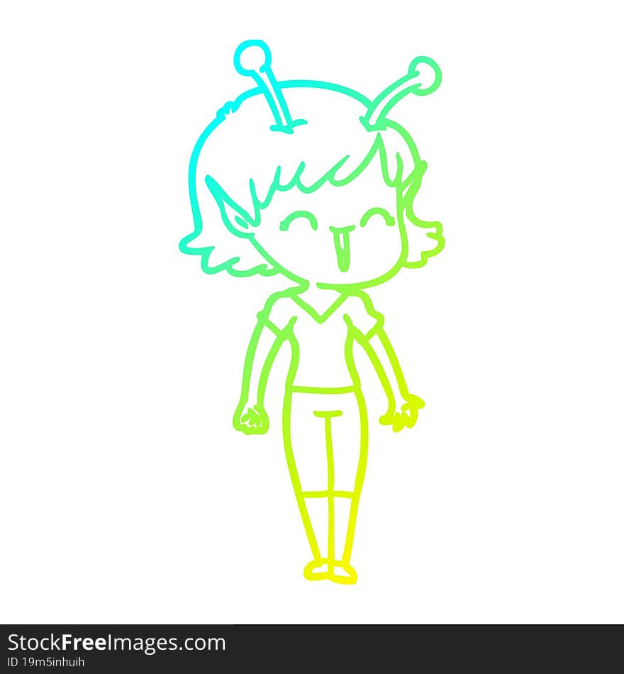 cold gradient line drawing of a cartoon alien girl laughing