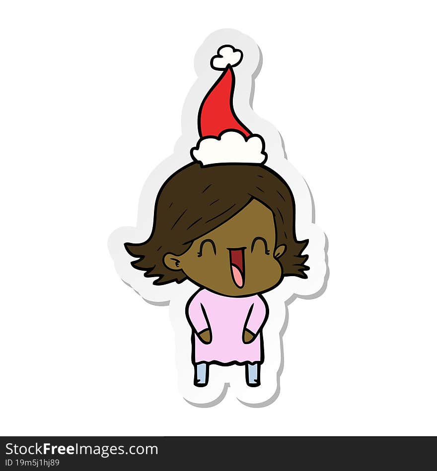 Sticker Cartoon Of A Laughing Woman Wearing Santa Hat