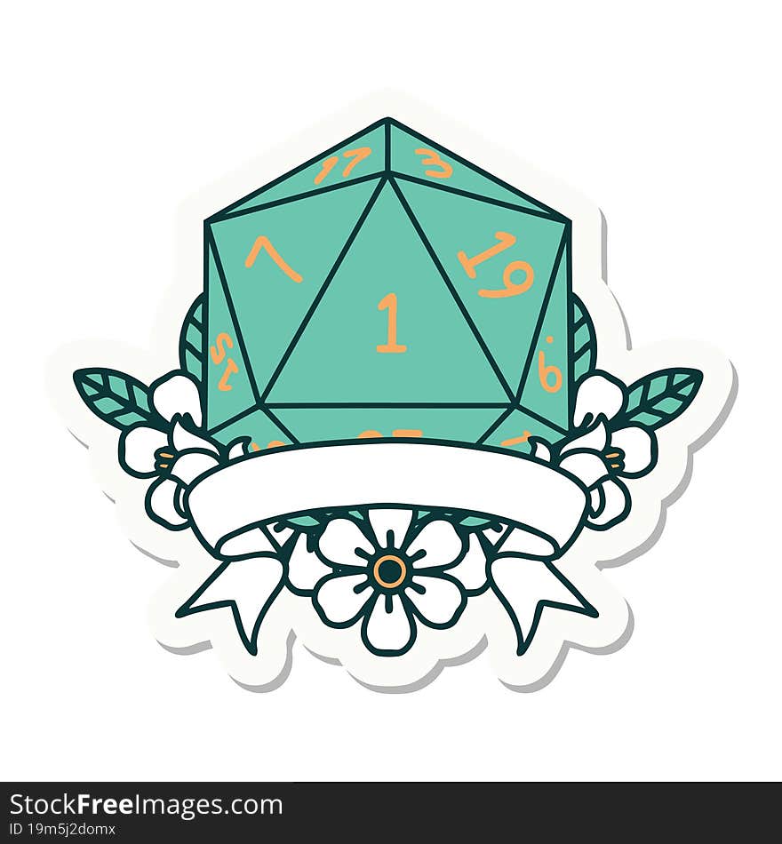 sticker of a natural one d20 dice roll. sticker of a natural one d20 dice roll