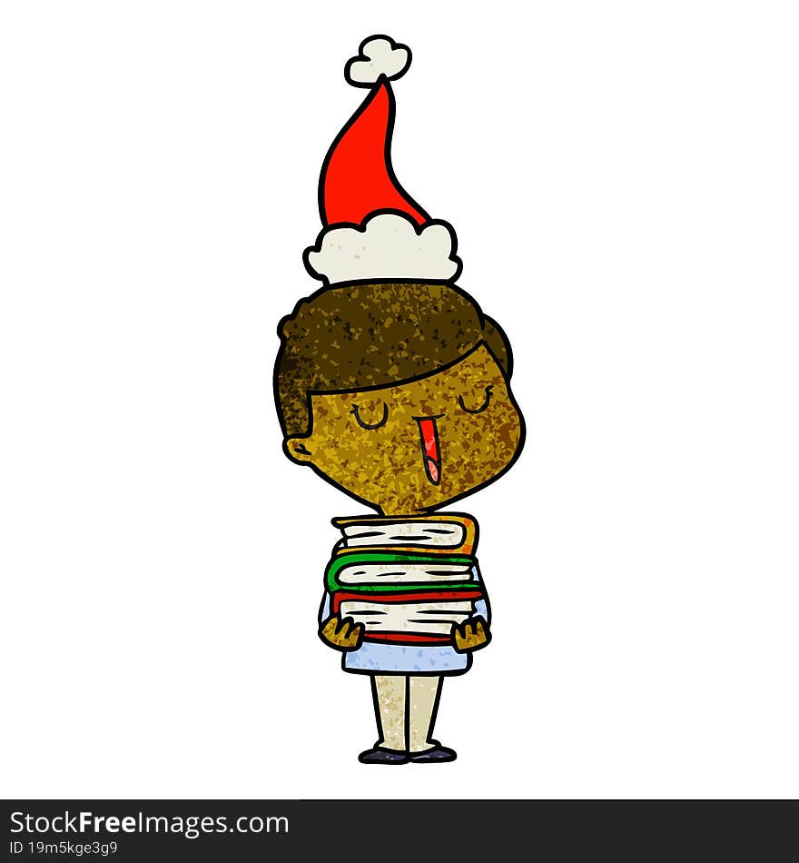 hand drawn textured cartoon of a happy boy with stack of books wearing santa hat