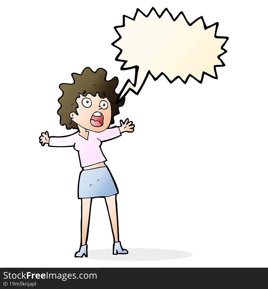 cartoon frightened woman with speech bubble