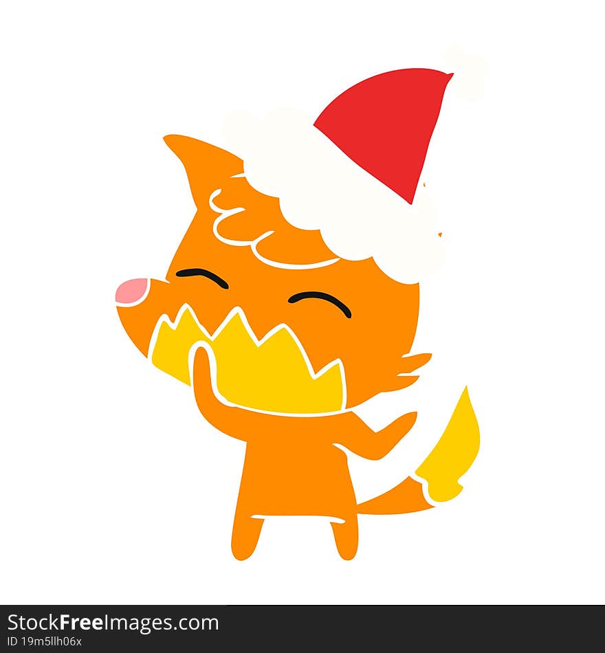 flat color illustration of a fox wearing santa hat