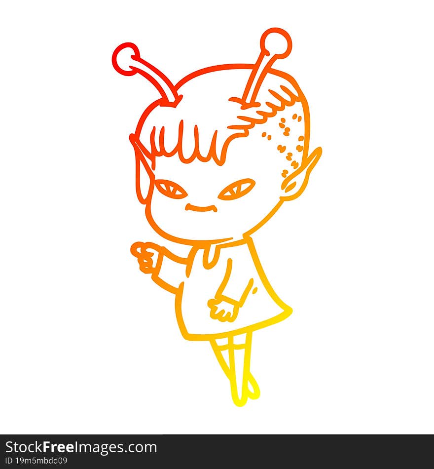 warm gradient line drawing of a cute cartoon alien girl