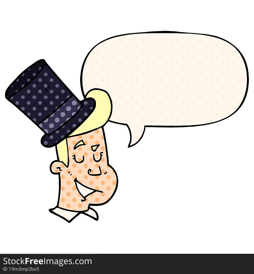 cartoon man wearing top hat and speech bubble in comic book style