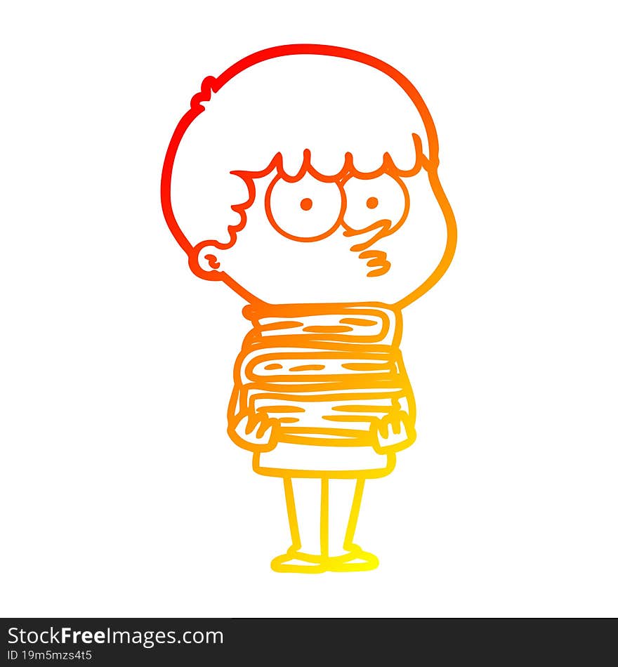 Warm Gradient Line Drawing Cartoon Curious Boy With Lots Of Books