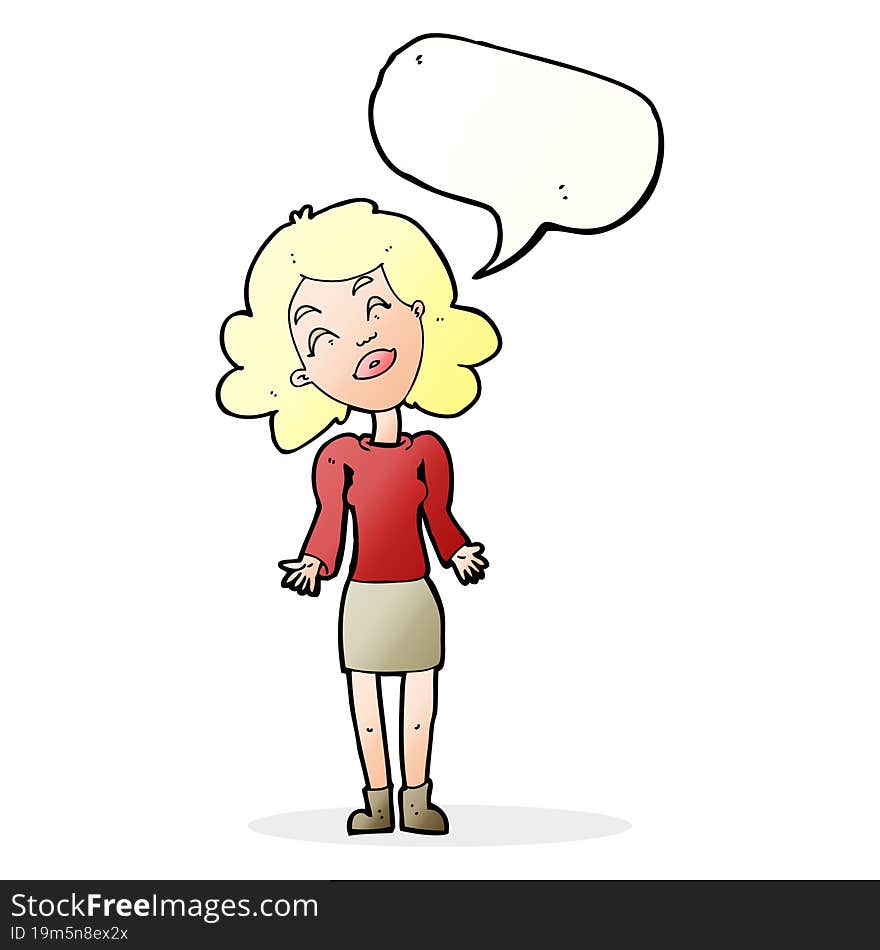 cartoon woman shrugging shoulders with speech bubble