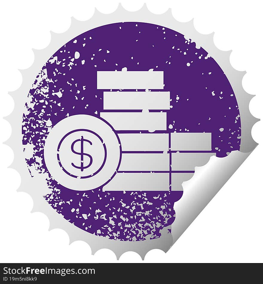 distressed circular peeling sticker symbol pile of money