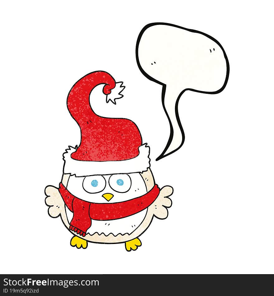 speech bubble textured cartoon owl wearing christmas hat