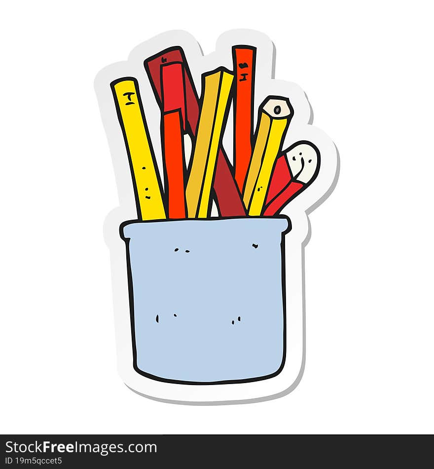 sticker of a cartoon desk pot of pencils and pens