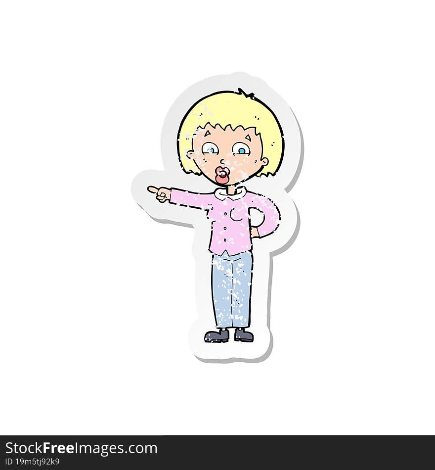 retro distressed sticker of a cartoon pointing woman