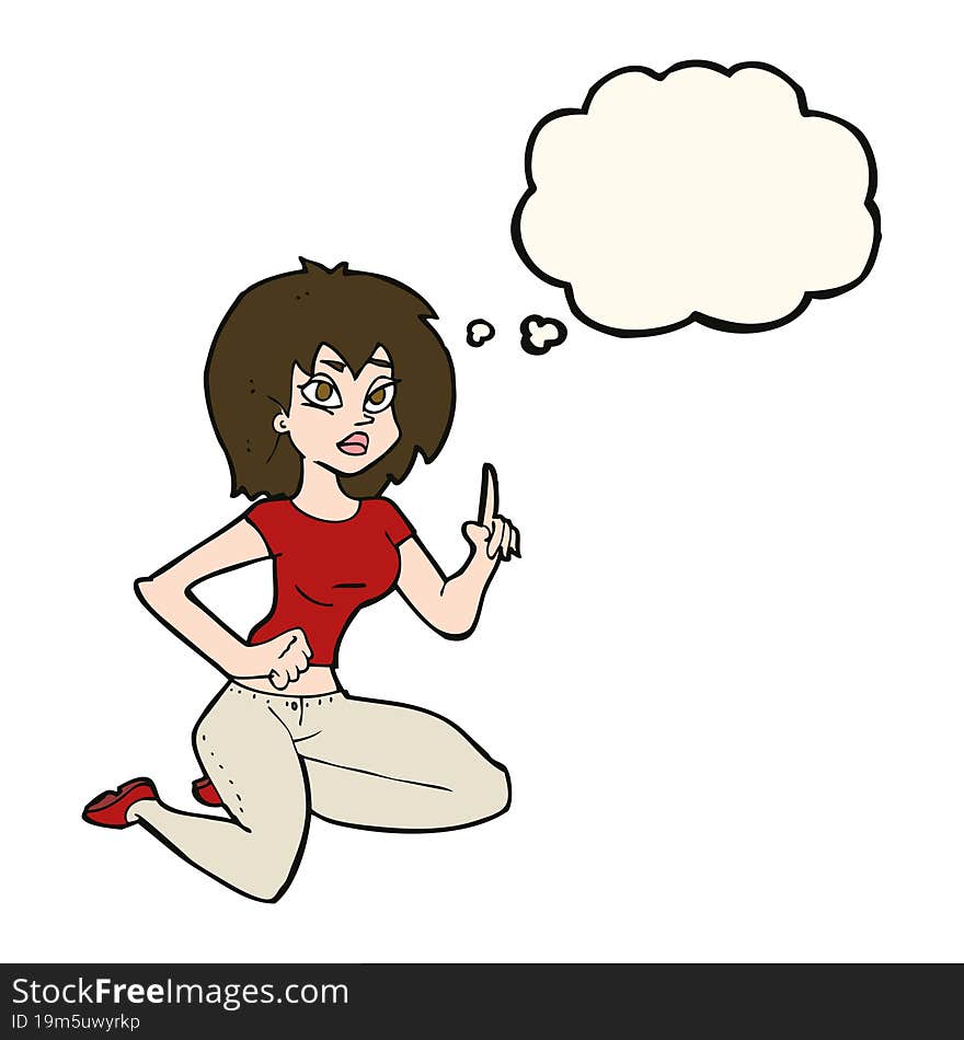 cartoon sitting woman with idea with thought bubble