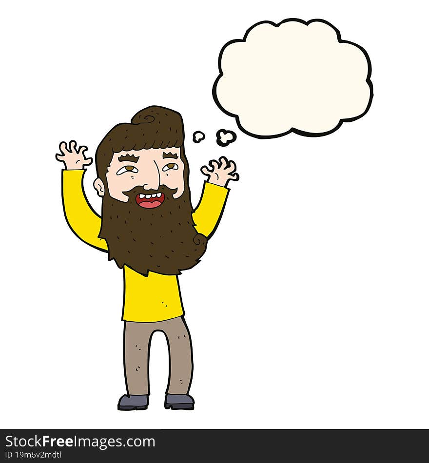 cartoon happy bearded man waving arms with thought bubble