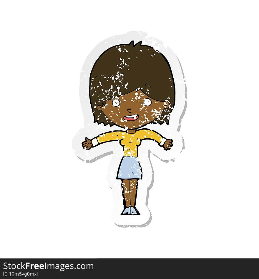 retro distressed sticker of a cartoon excited woman