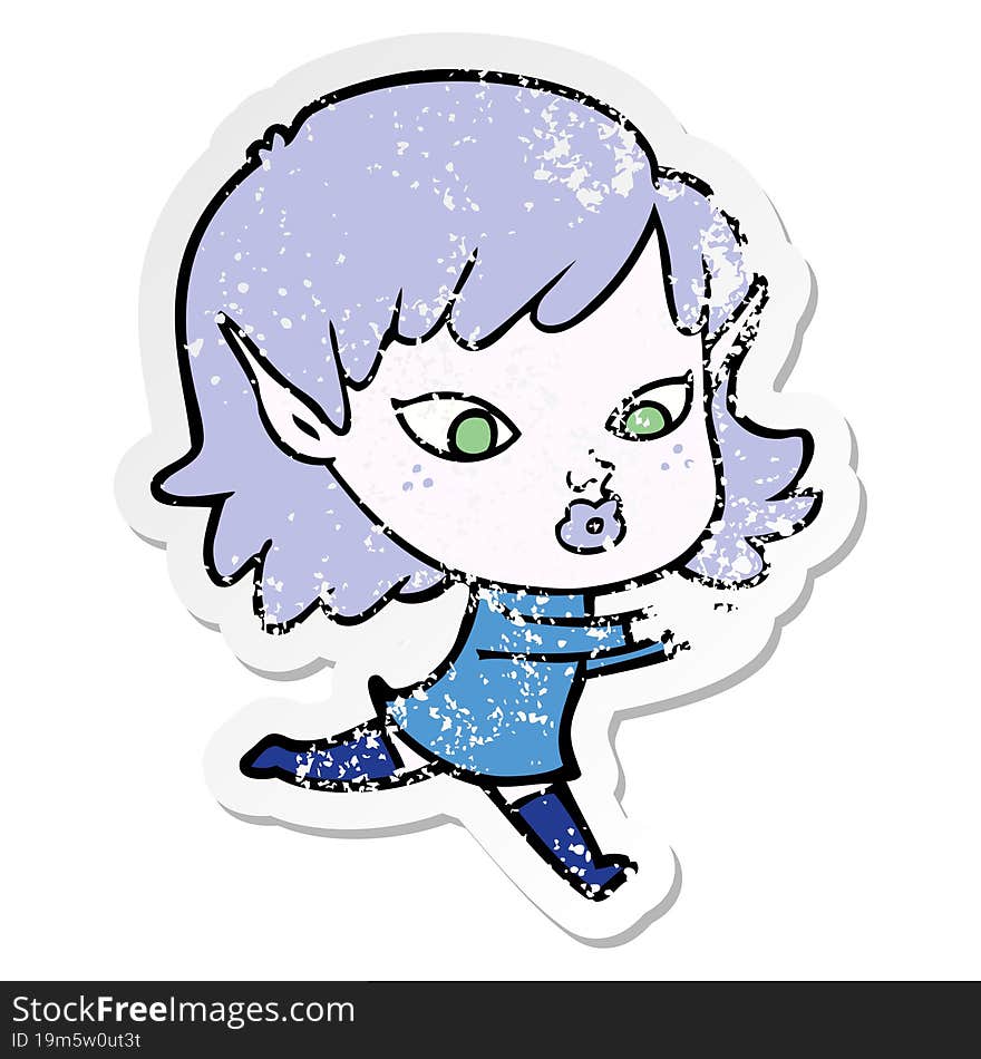 distressed sticker of a pretty cartoon elf girl