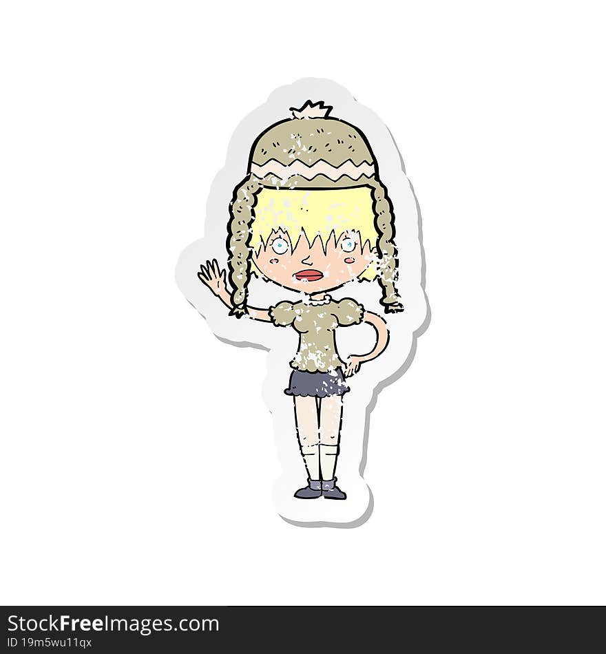 retro distressed sticker of a cartoon woman wearing winter hat