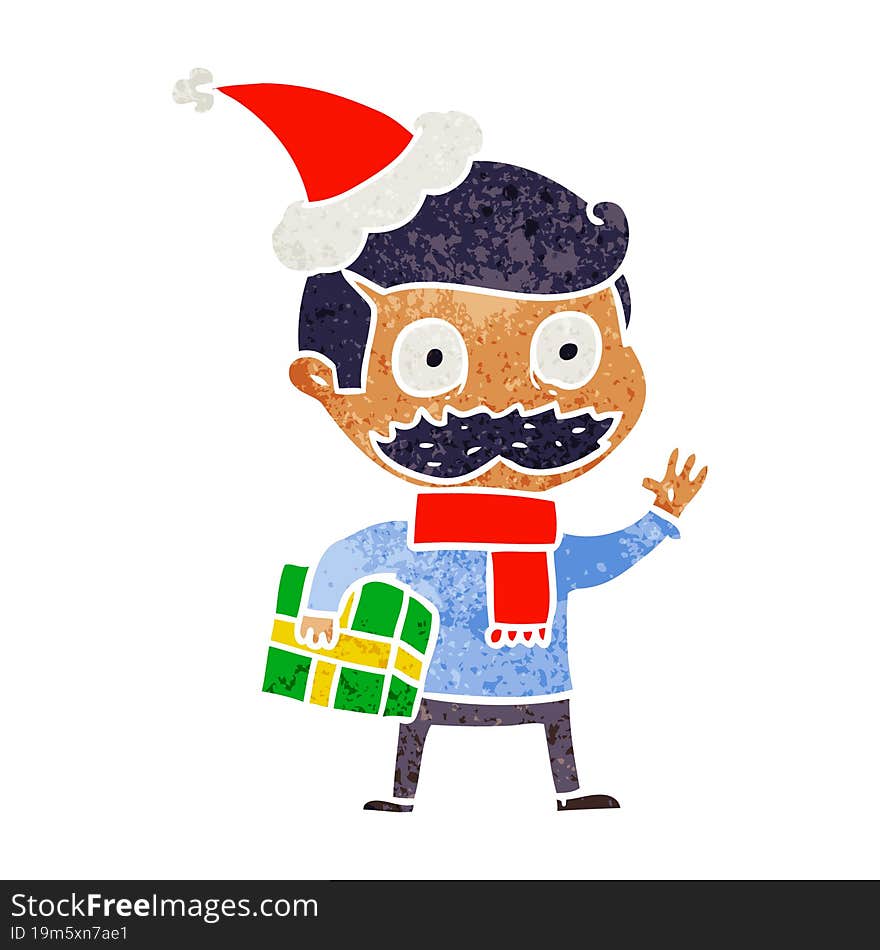 Retro Cartoon Of A Man With Mustache And Christmas Present Wearing Santa Hat