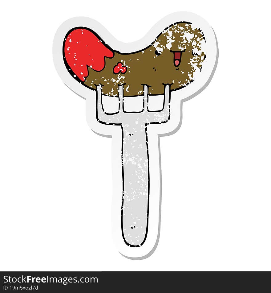 distressed sticker of a cartoon sausage and fork