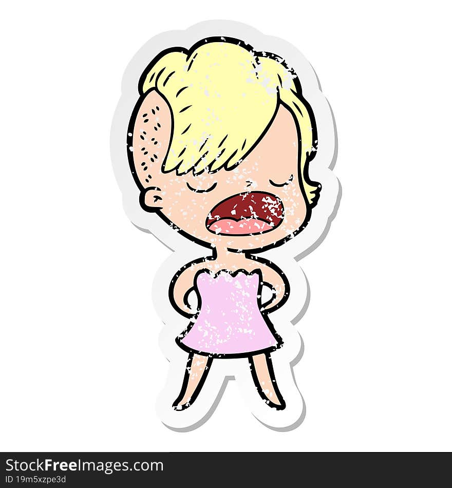 distressed sticker of a cartoon cool hipster girl talking