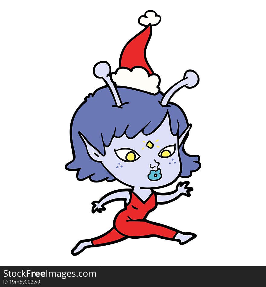 pretty line drawing of a alien girl running wearing santa hat