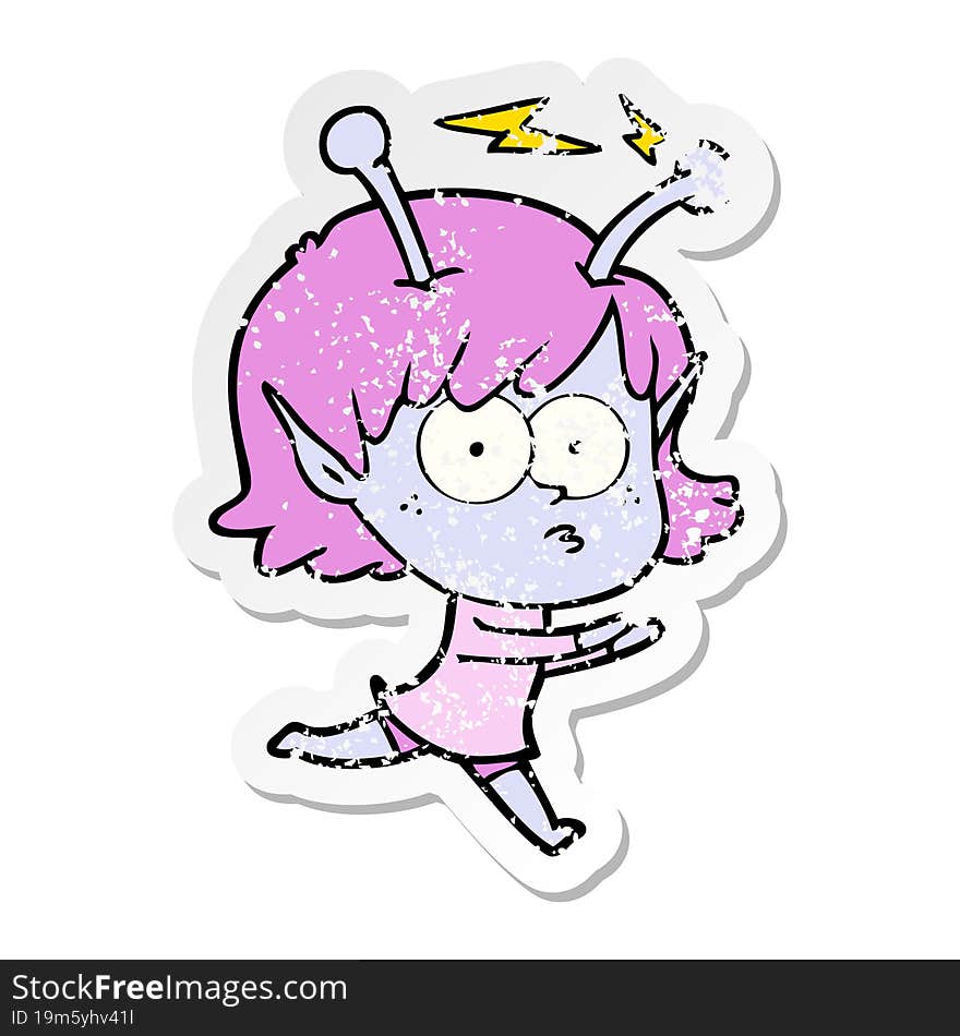 distressed sticker of a cartoon alien girl