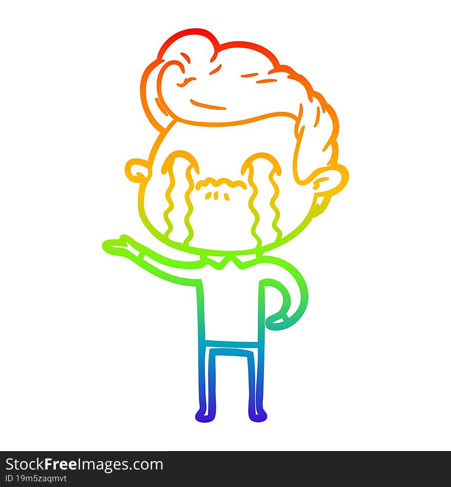 rainbow gradient line drawing of a cartoon man crying