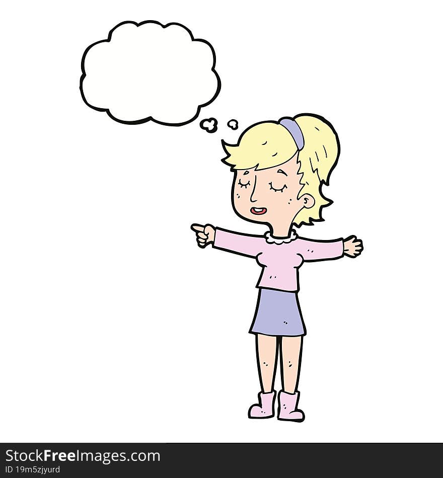 cartoon happy woman pointing with thought bubble