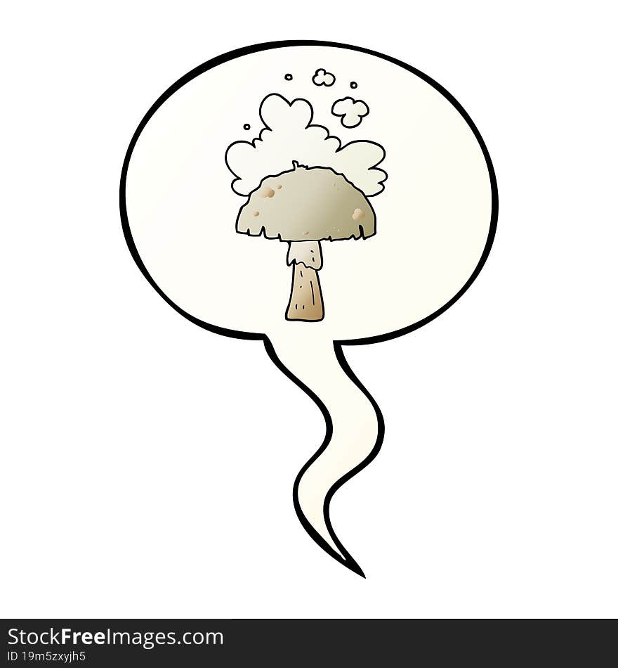 cartoon mushroom and spore cloud and speech bubble in smooth gradient style