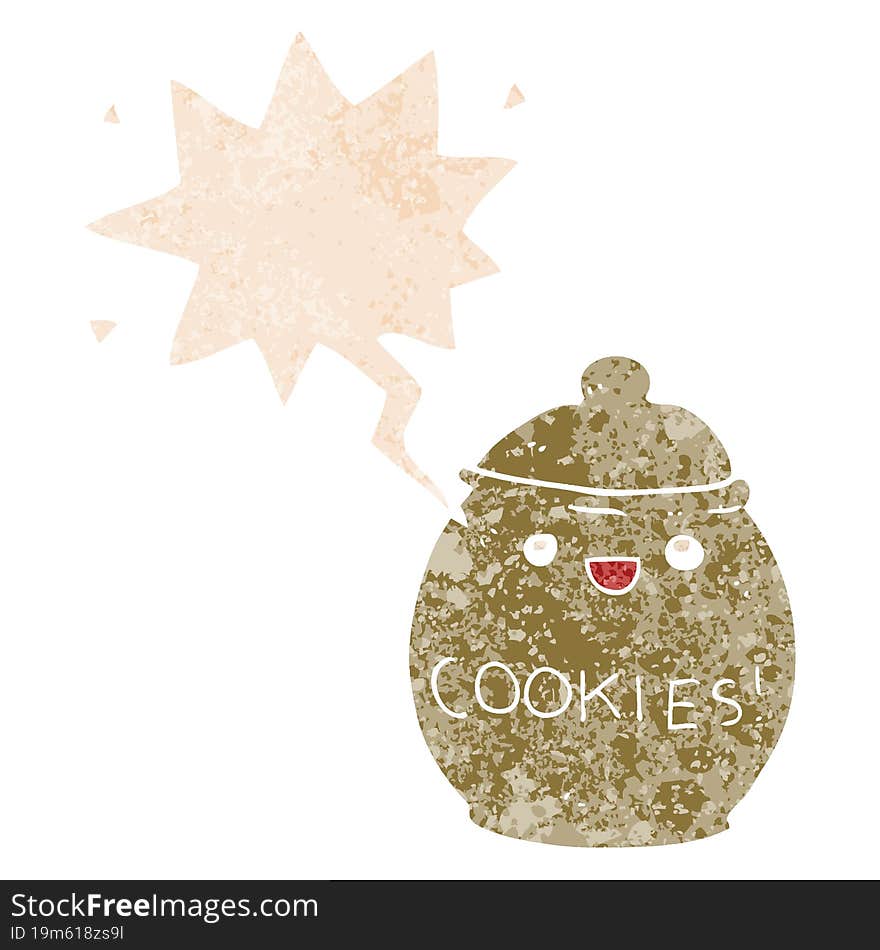 cute cartoon cookie jar and speech bubble in retro textured style