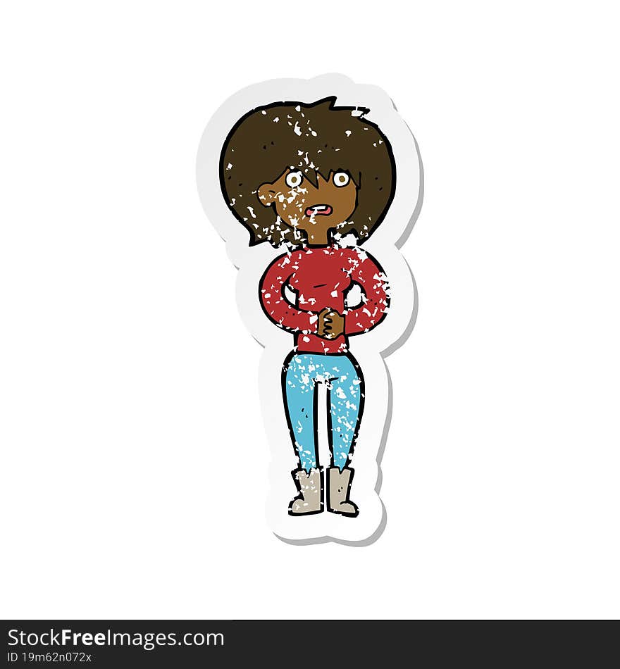 Retro Distressed Sticker Of A Cartoon Worried Woman