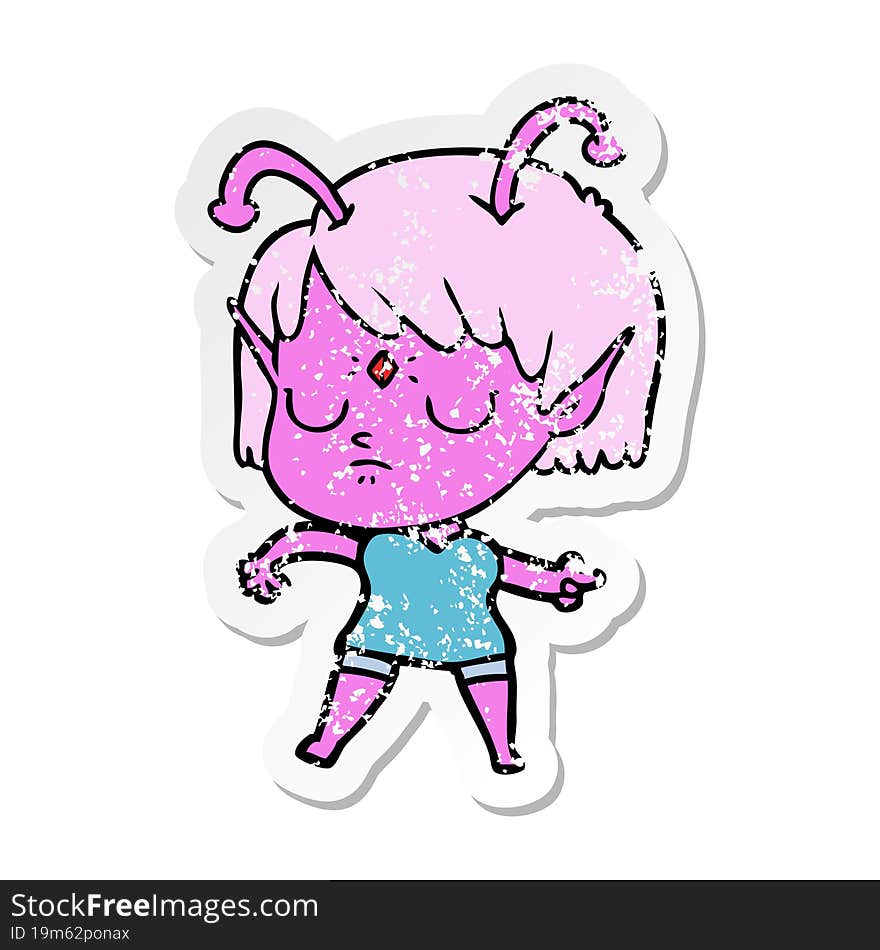 distressed sticker of a cartoon alien girl