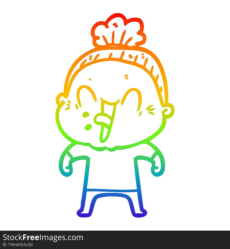 rainbow gradient line drawing of a cartoon happy old woman