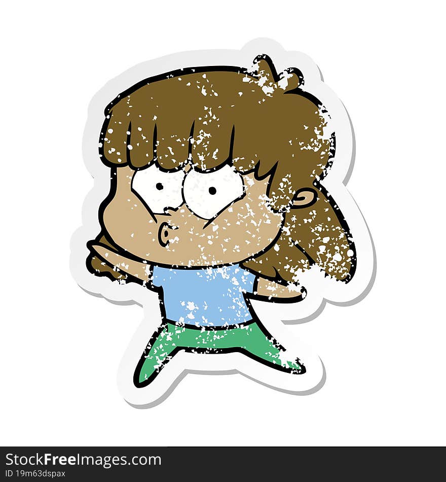 Distressed Sticker Of A Cartoon Whistling Girl