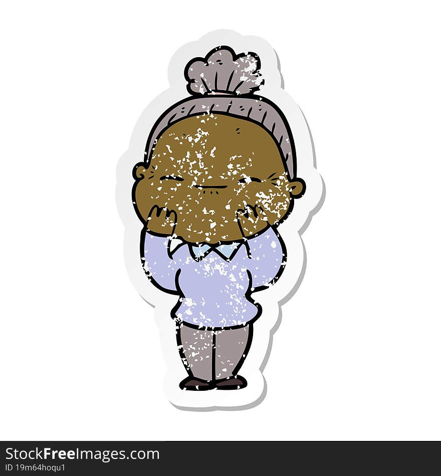 Distressed Sticker Of A Cartoon Peaceful Old Woman