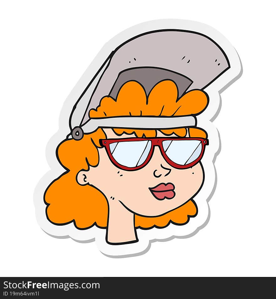 sticker of a cartoon woman with welding mask and glasses