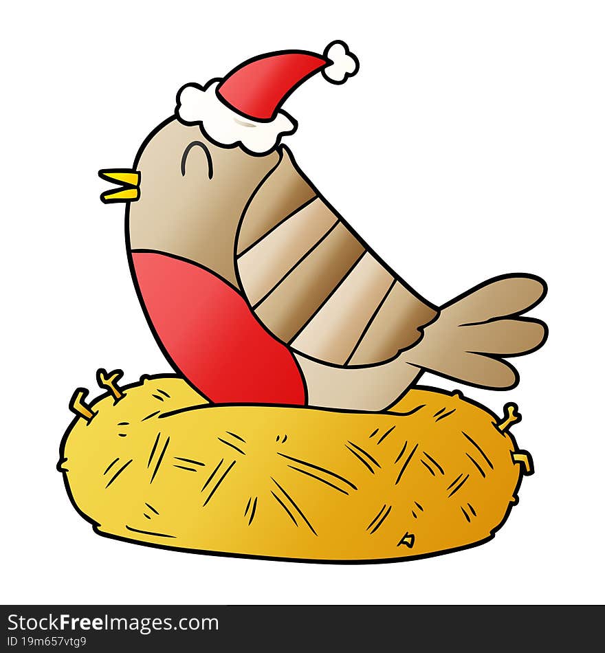 gradient cartoon of a bird sitting on nest wearing santa hat