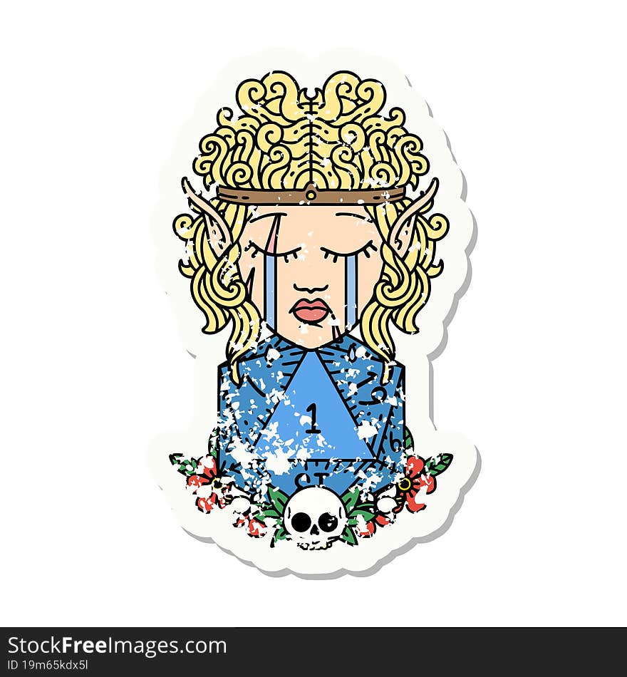 crying elf barbarian character with natural one D20 roll grunge sticker